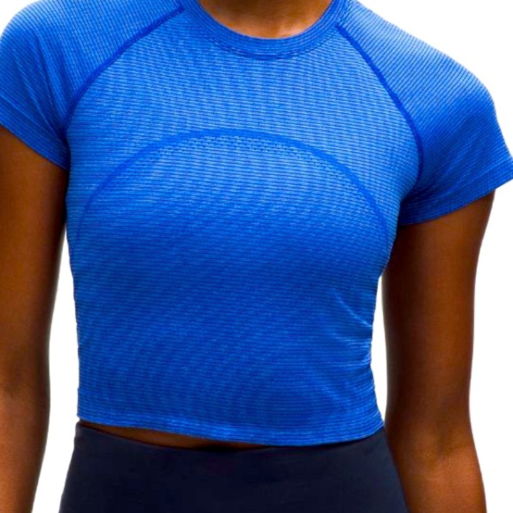 NWOT Lululemon short sleeve Periwinkle blue crop top; size 6